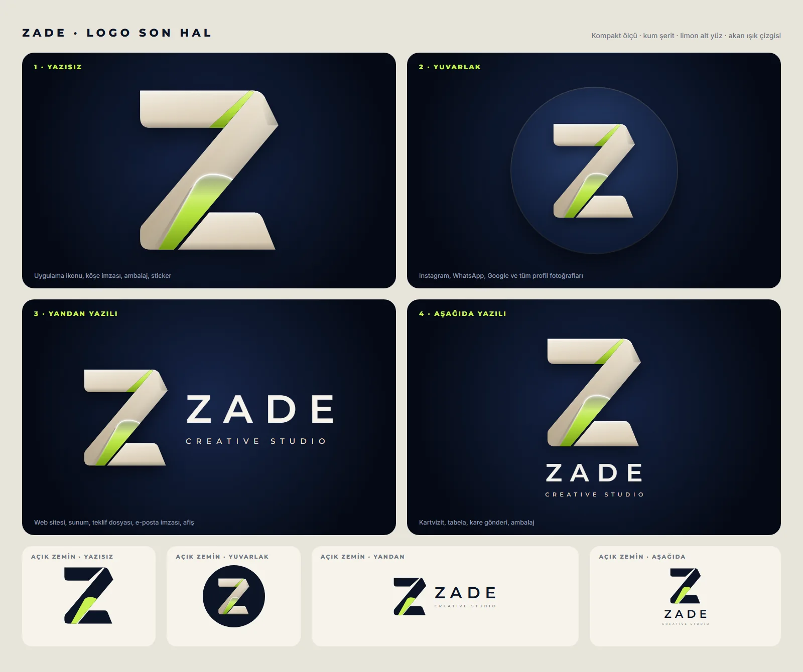 Zade logo sistemi: yazısız, yuvarlak, yandan yazılı ve aşağıda yazılı kullanımlar